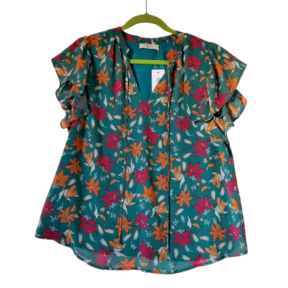 New Beacon Apparel Floral Lined Ruffle Sleeve Blouse Tops‎ Size Large